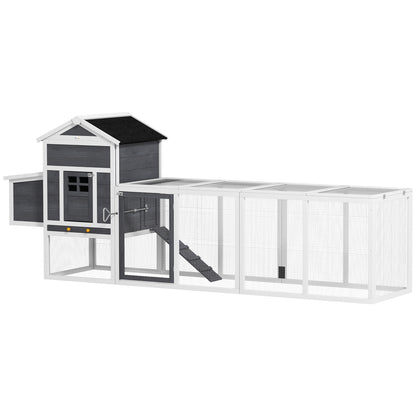 Outdoor Chicken Coop Wooden Chicken Coop Large Cage for 3-6 Hens with Nest Box Asphalt Roof Removable Tray and Ramp 297.5x68x118 cm Gray and White