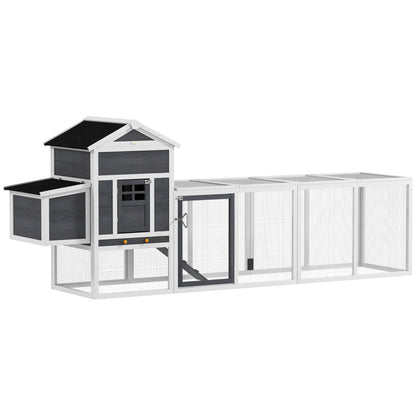 Outdoor Chicken Coop Wooden Chicken Coop Large Cage for 3-6 Hens with Nest Box Asphalt Roof Removable Tray and Ramp 297.5x68x118 cm Gray and White