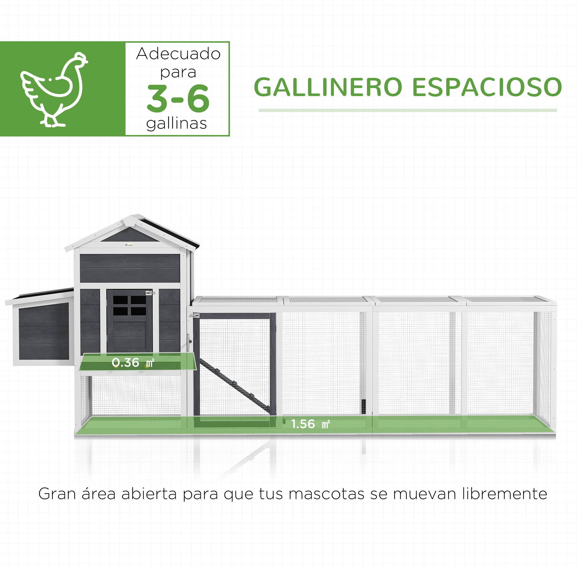 Outdoor Chicken Coop Wooden Chicken Coop Large Cage for 3-6 Hens with Nest Box Asphalt Roof Removable Tray and Ramp 297.5x68x118 cm Gray and White