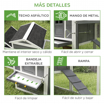 Outdoor Chicken Coop Wooden Chicken Coop Large Cage for 3-6 Hens with Nest Box Asphalt Roof Removable Tray and Ramp 297.5x68x118 cm Gray and White