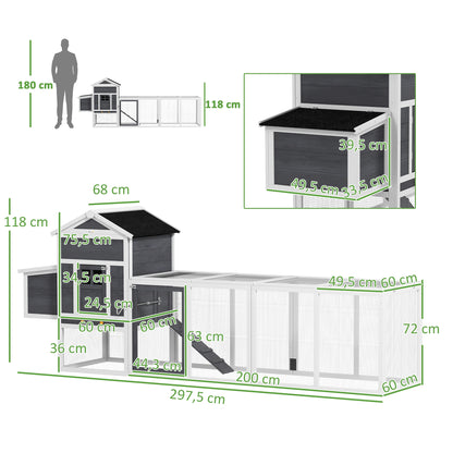 Outdoor Chicken Coop Wooden Chicken Coop Large Cage for 3-6 Hens with Nest Box Asphalt Roof Removable Tray and Ramp 297.5x68x118 cm Gray and White