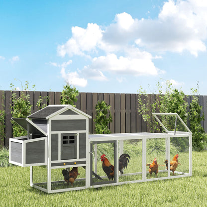 Outdoor Chicken Coop Wooden Chicken Coop Large Cage for 3-6 Hens with Nest Box Asphalt Roof Removable Tray and Ramp 297.5x68x118 cm Gray and White