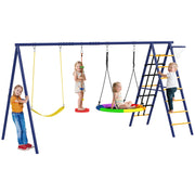 Children's Swings for +3 Years 6 in 1 Outdoor Garden Swings with Single Swing Nest Rope with Disc Climbing Net Ladder and Basketball Hoop Multicolor