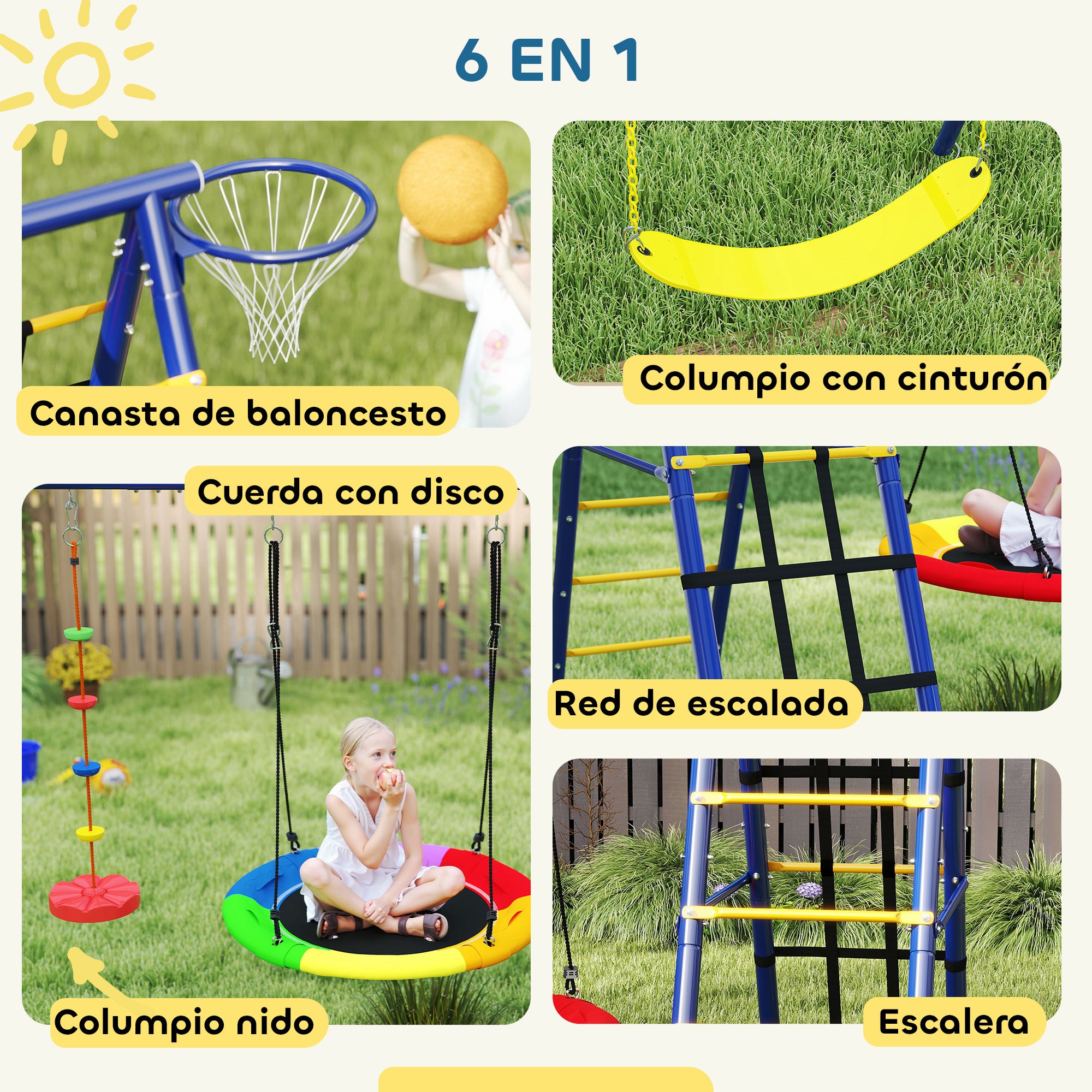 Children's Swings for +3 Years 6 in 1 Outdoor Garden Swings with Single Swing Nest Rope with Disc Climbing Net Ladder and Basketball Hoop Multicolor