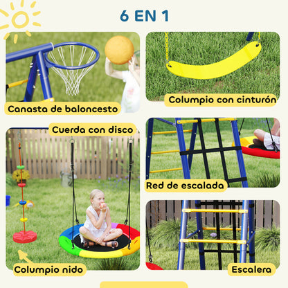Children's Swings for +3 Years 6 in 1 Outdoor Garden Swings with Single Swing Nest Rope with Disc Climbing Net Ladder and Basketball Hoop Multicolor
