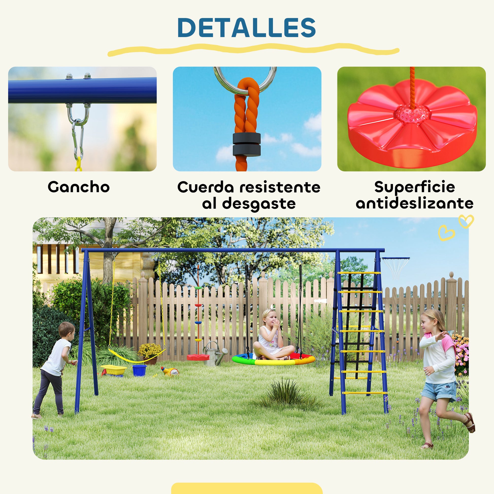 Children's Swings for +3 Years 6 in 1 Outdoor Garden Swings with Single Swing Nest Rope with Disc Climbing Net Ladder and Basketball Hoop Multicolor
