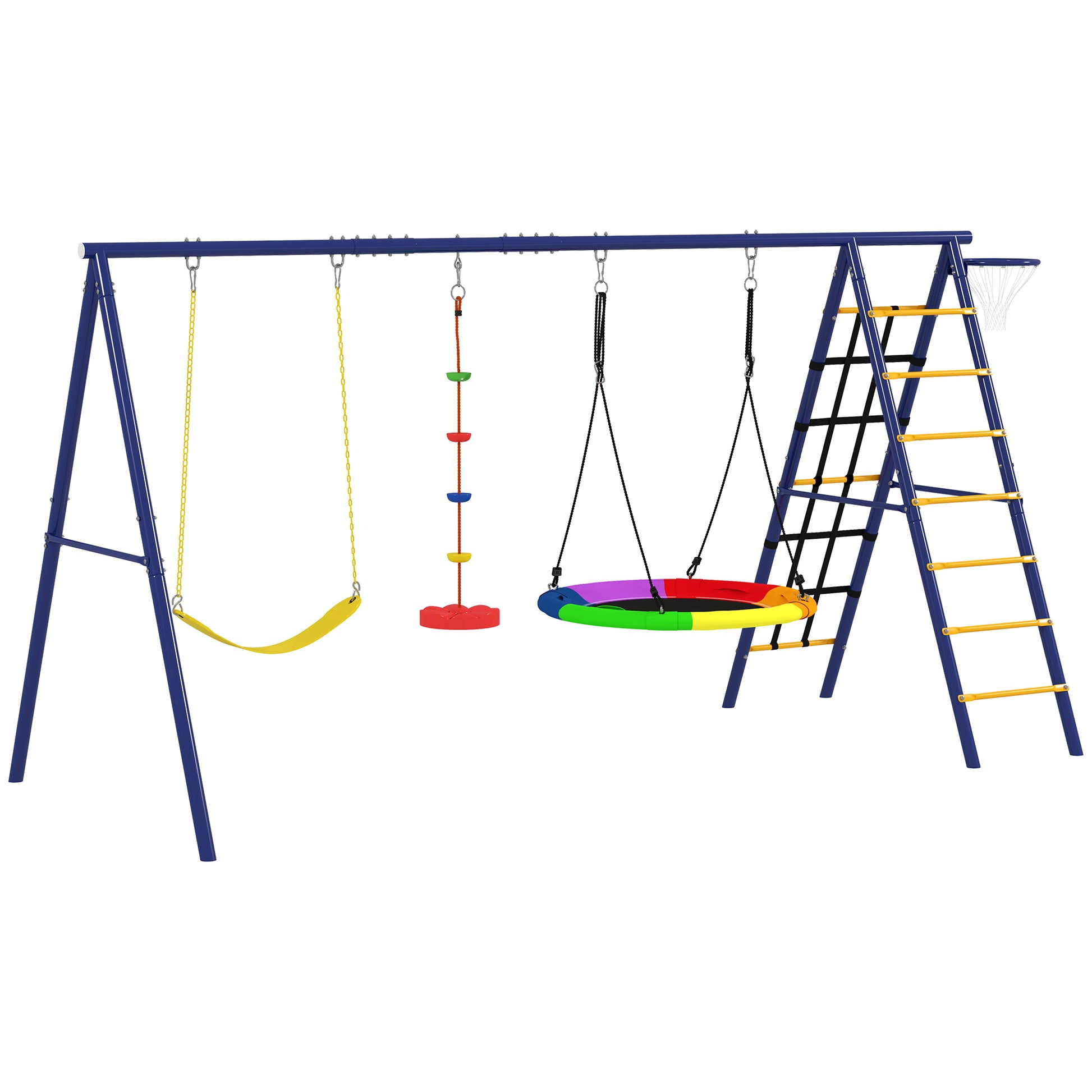 Children's Swings for +3 Years 6 in 1 Outdoor Garden Swings with Single Swing Nest Rope with Disc Climbing Net Ladder and Basketball Hoop Multicolor