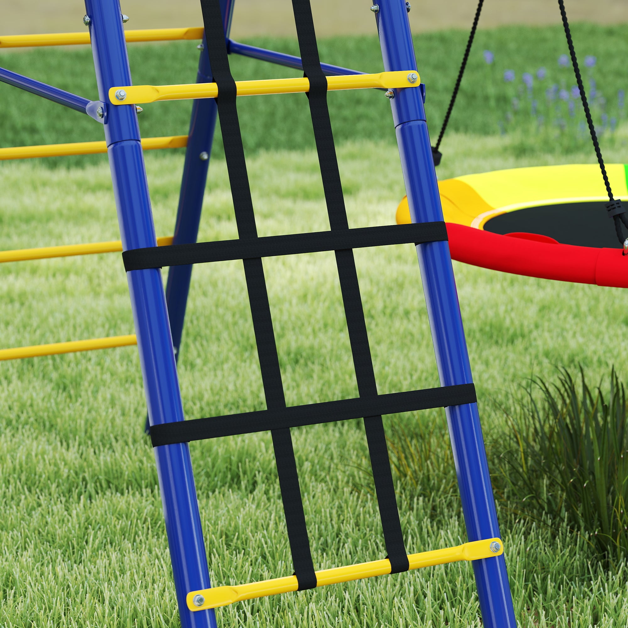 Children's Swings for +3 Years 6 in 1 Outdoor Garden Swings with Single Swing Nest Rope with Disc Climbing Net Ladder and Basketball Hoop Multicolor
