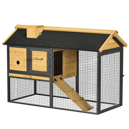 2-Tier Wooden Rabbit Hutch with Open Area Asphalt Roof Removable Tray Doors and Ramp Outdoor Rabbit Hutch 47.2"L x 21.9"W x 31.5"H Natural and Black