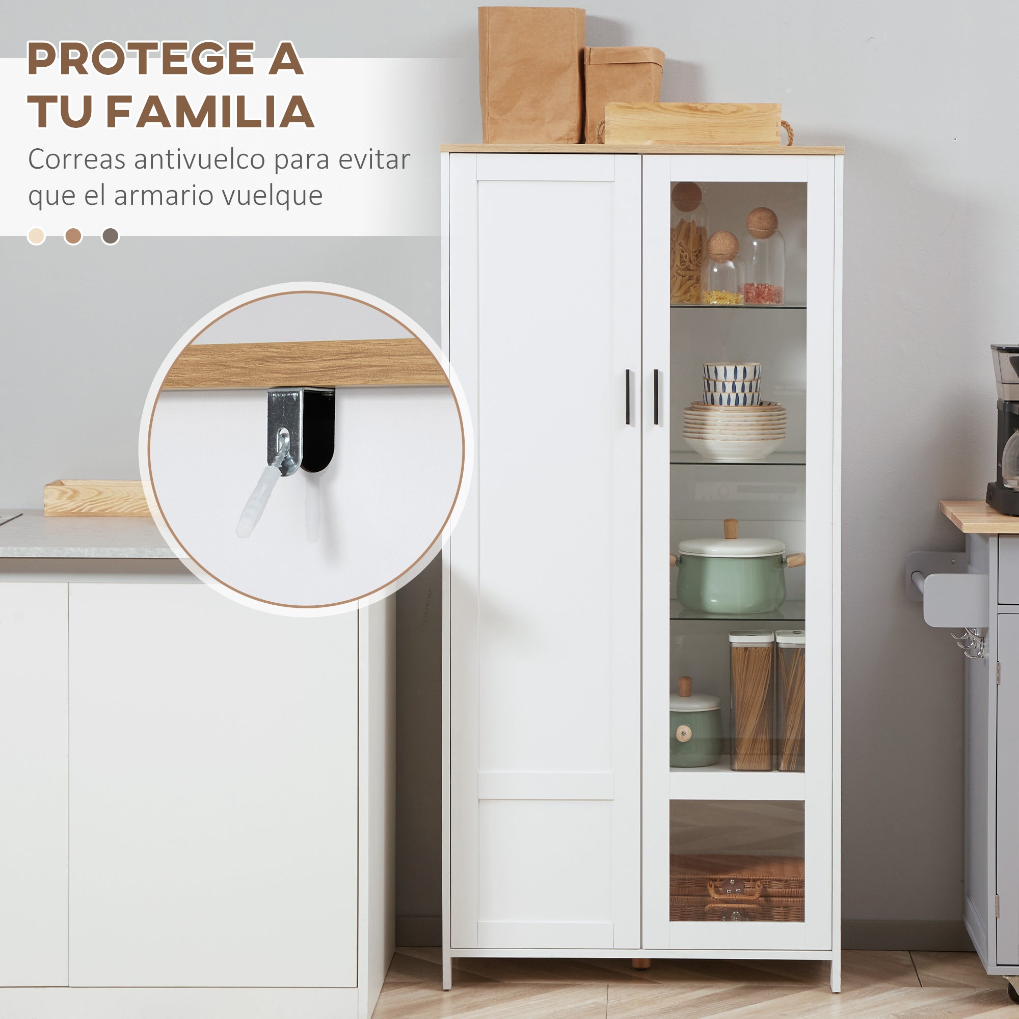 Kitchen Pantry Cabinet with Glass Door, Adjustable Shelves, and Elevated Legs for Dining Room 76x36x160 cm White