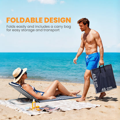 Folding Beach Lounger with Cushion — 5-Position Adjustable Backrest, Includes Carry Bag for Garden, Holidays, Outdoors, Beach & Pool, Blue (Set of 2)
