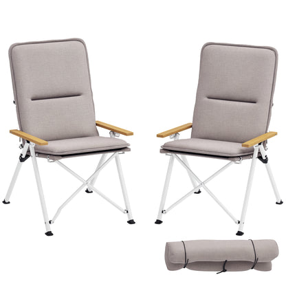 2 Folding Aluminum Camping Chairs Portable Garden Chairs with Adjustable High Backrest Wooden Armrests and Carry Bag for Outdoor 59x67x96 cm Light Gray