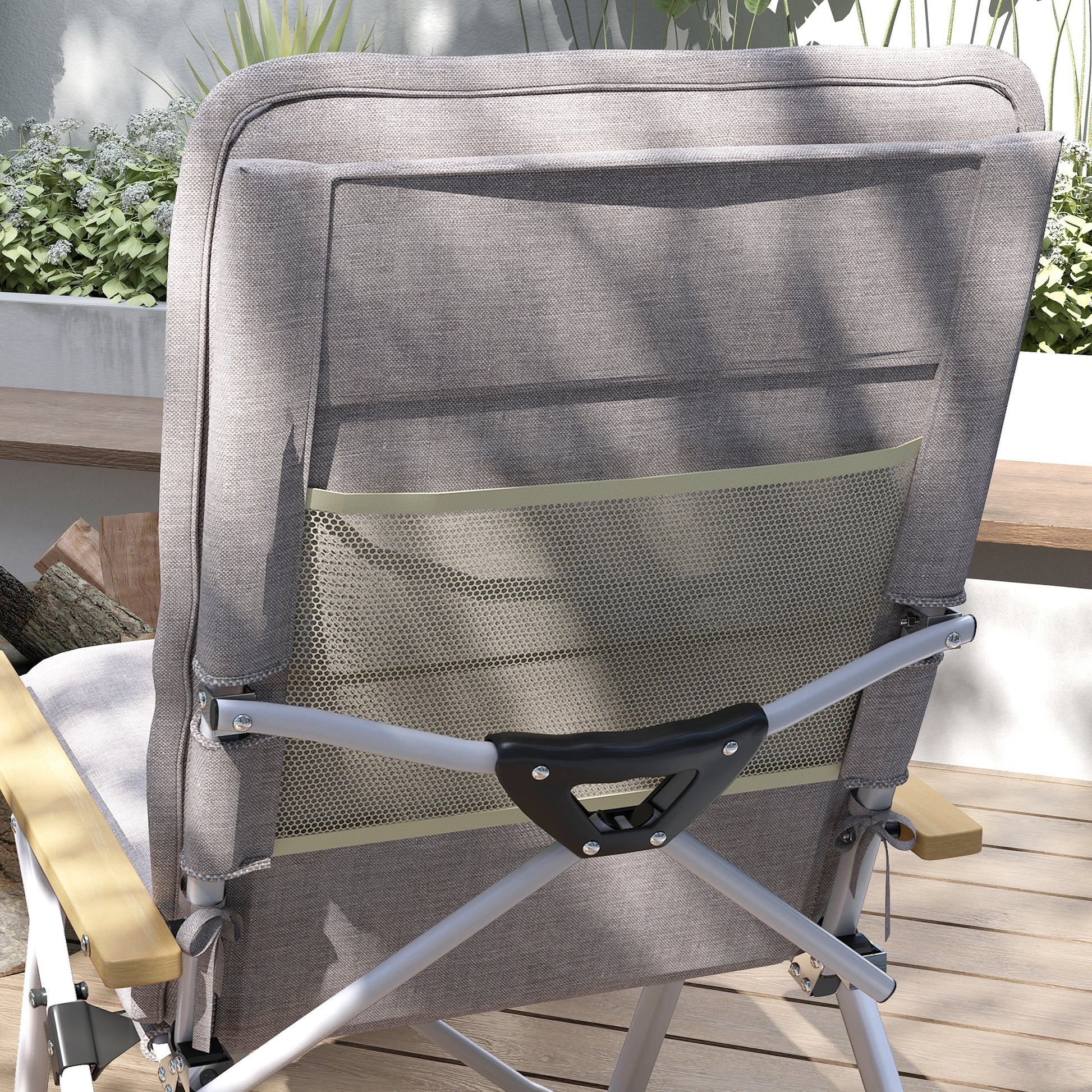 2 Folding Aluminum Camping Chairs Portable Garden Chairs with Adjustable High Backrest Wooden Armrests and Carry Bag for Outdoor 59x67x96 cm Light Gray