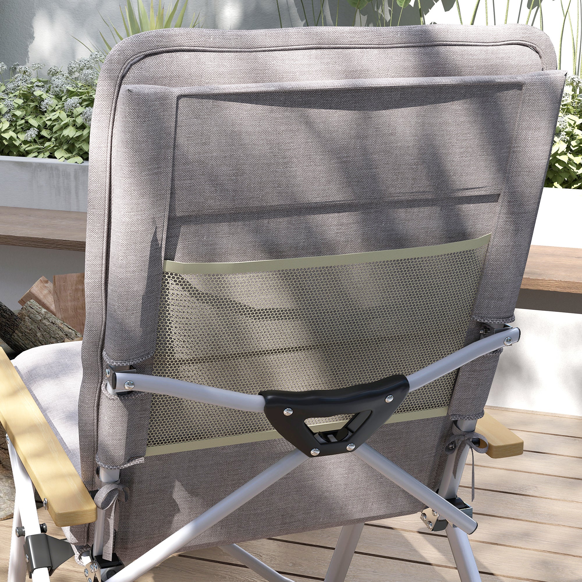 2 Folding Aluminum Camping Chairs Portable Garden Chairs with Adjustable High Backrest Wooden Armrests and Carry Bag for Outdoor 59x67x96 cm Light Gray