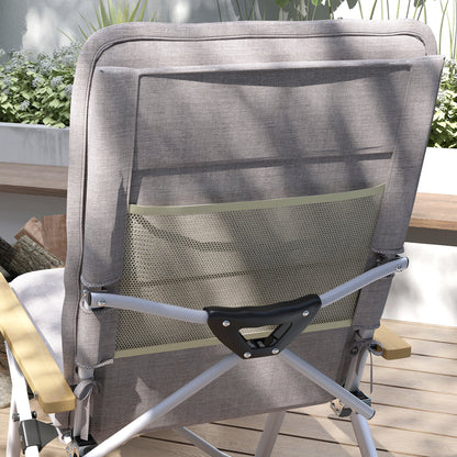 2 Folding Aluminum Camping Chairs Portable Garden Chairs with Adjustable High Backrest Wooden Armrests and Carry Bag for Outdoor 59x67x96 cm Light Gray