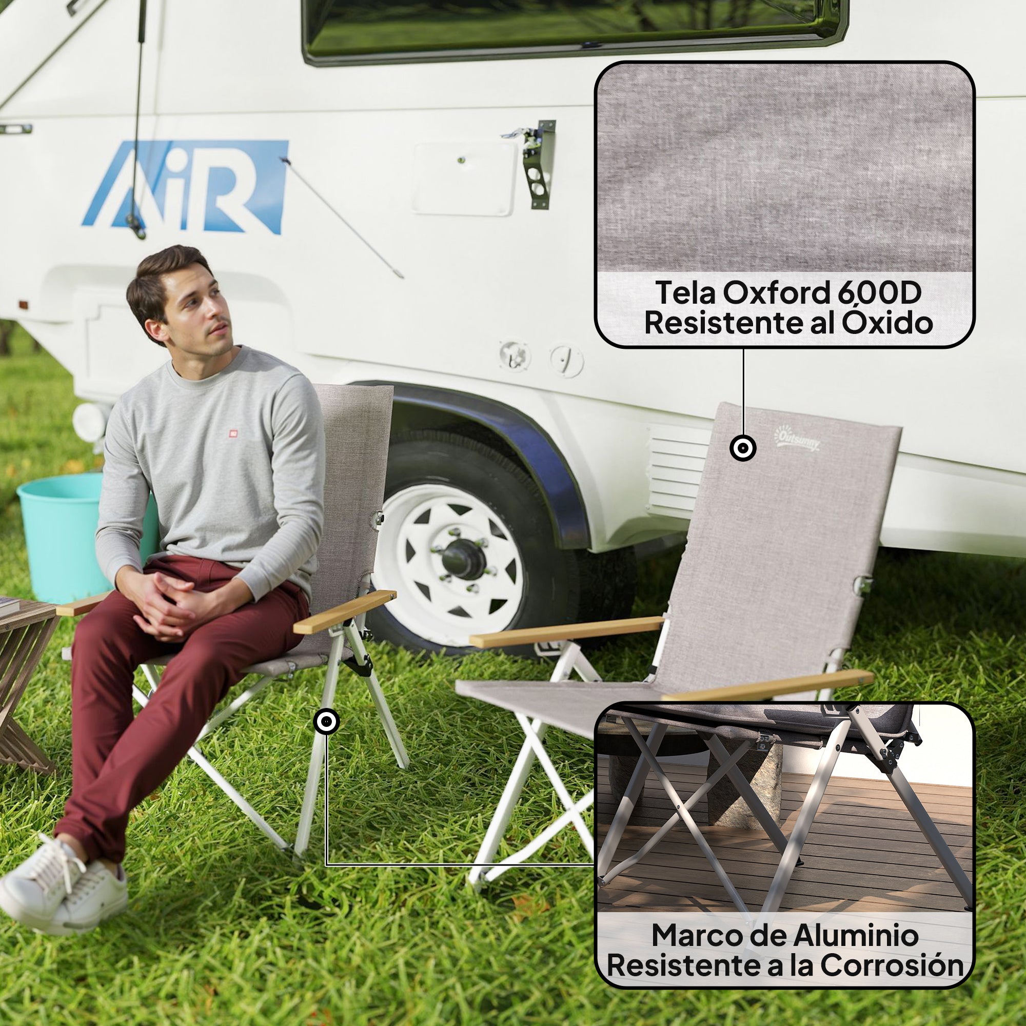 2 Folding Aluminum Camping Chairs Portable Garden Chairs with Adjustable High Backrest Wooden Armrests and Carry Bag for Outdoor 59x67x96 cm Light Gray