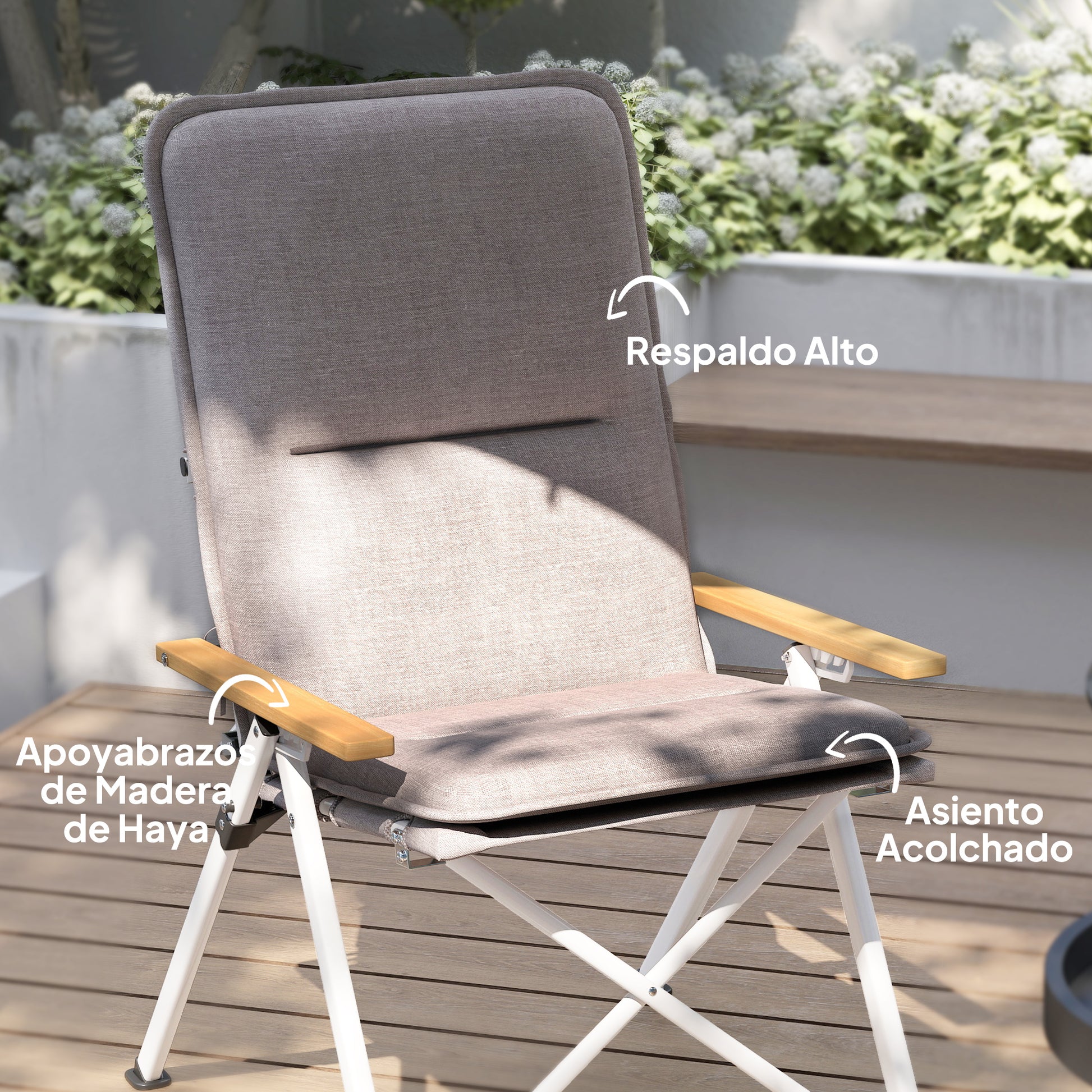 2 Folding Aluminum Camping Chairs Portable Garden Chairs with Adjustable High Backrest Wooden Armrests and Carry Bag for Outdoor 59x67x96 cm Light Gray
