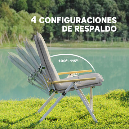 2 Folding Aluminum Camping Chairs Portable Garden Chairs with Adjustable High Backrest Wooden Armrests and Carry Bag for Outdoor 59x67x96 cm Light Gray