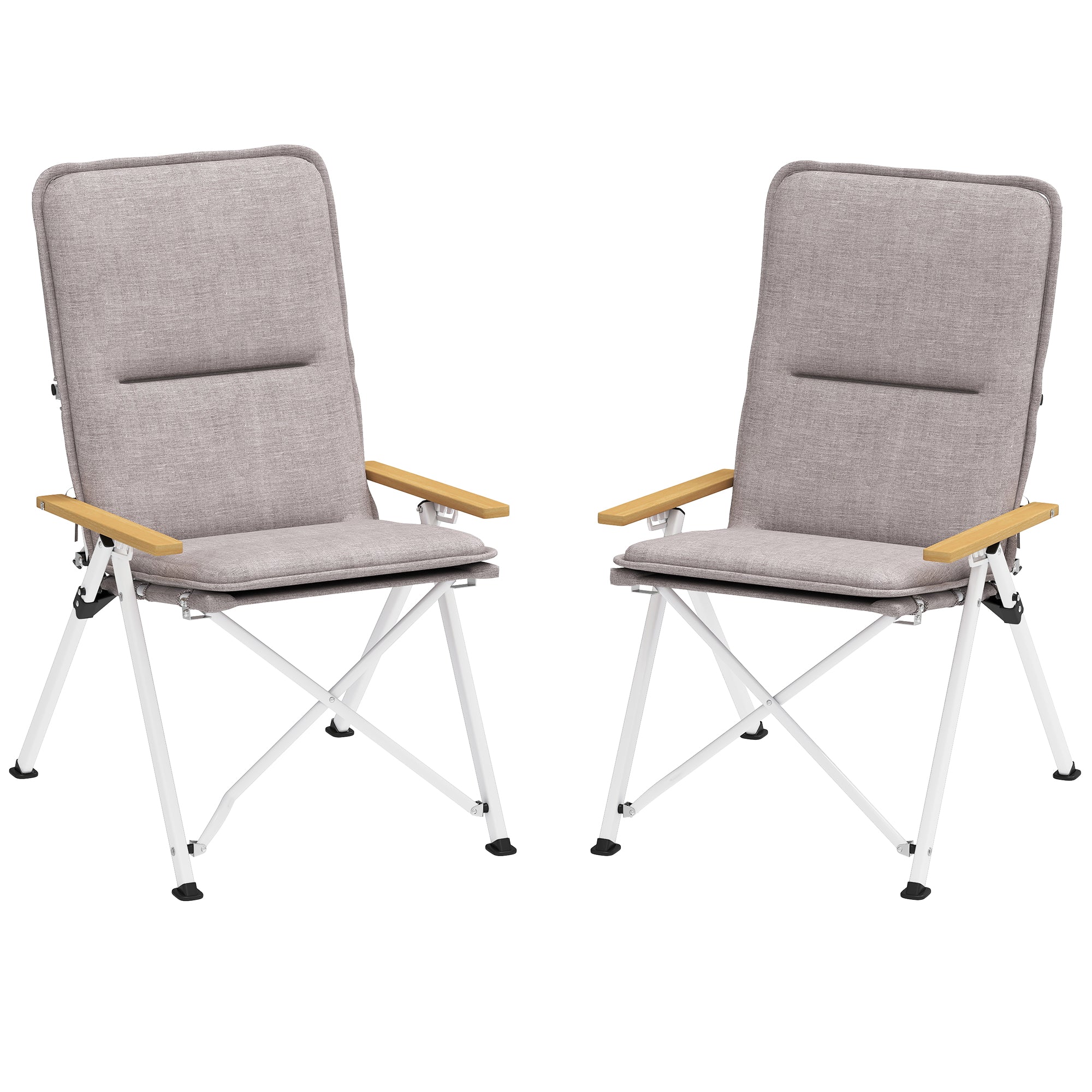 2 Folding Aluminum Camping Chairs Portable Garden Chairs with Adjustable High Backrest Wooden Armrests and Carry Bag for Outdoor 59x67x96 cm Light Gray