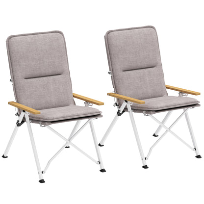 2 Folding Aluminum Camping Chairs Portable Garden Chairs with Adjustable High Backrest Wooden Armrests and Carry Bag for Outdoor 59x67x96 cm Light Gray
