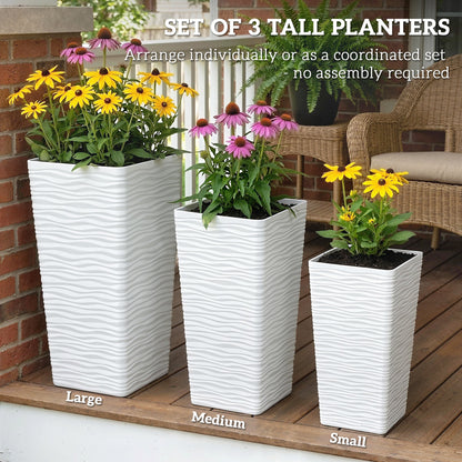 Set of 3 Stackable Square Outdoor Planters with Wavy Pattern, Drainage Holes, 42/55/65 cm (16.5/21.7/25.6 in) — White, Black, Brown