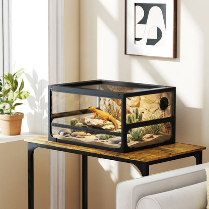 Raised Foldable Reptile Terrarium 24 x 18 x 13 in (60 x 45 x 32 cm) — Tempered Glass, Lockable Lid, Feeding Door, Mesh Ventilation, 360° View