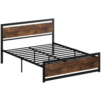 Double Bed Frame 167x208x103cm in Wood and Steel, with Integrated Slats and Industrial Style Headboard, Black and Rustic Brown