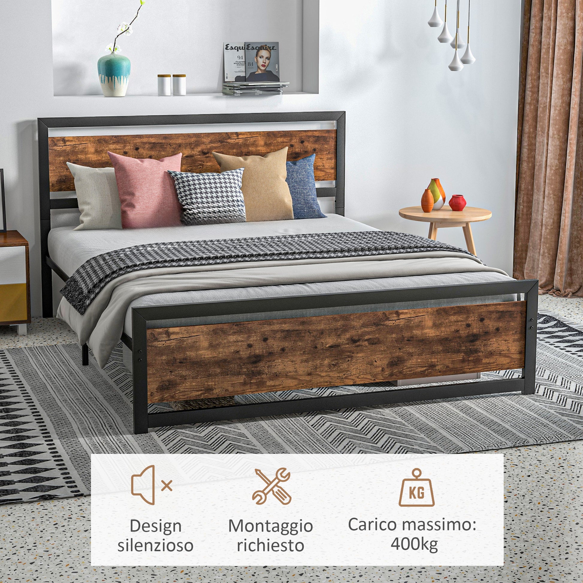 Double Bed Frame 167x208x103cm in Wood and Steel, with Integrated Slats and Industrial Style Headboard, Black and Rustic Brown