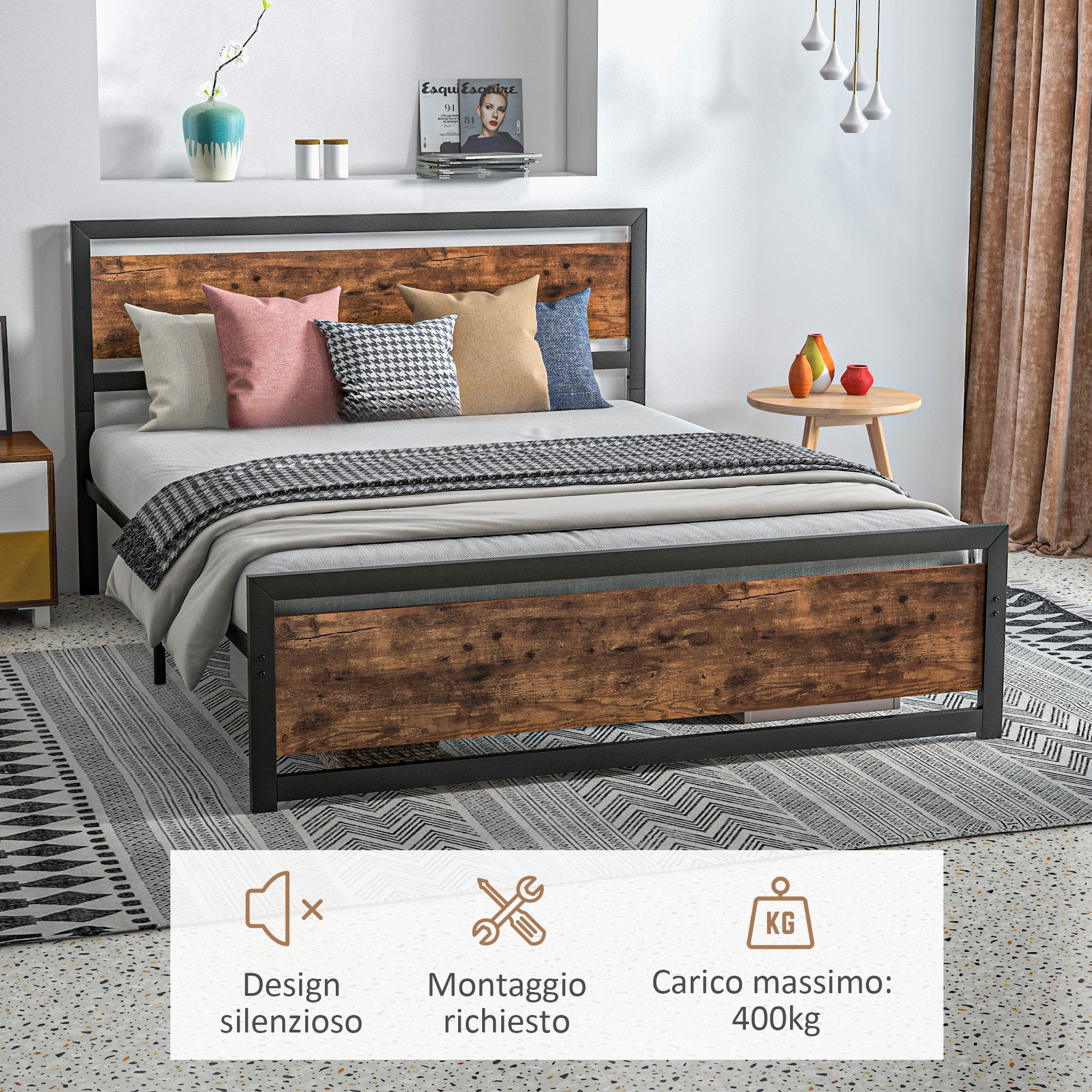 Double Bed Frame 167x208x103cm in Wood and Steel, with Integrated Slats and Industrial Style Headboard, Black and Rustic Brown