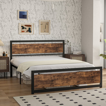 Double Bed Frame 167x208x103cm in Wood and Steel, with Integrated Slats and Industrial Style Headboard, Black and Rustic Brown
