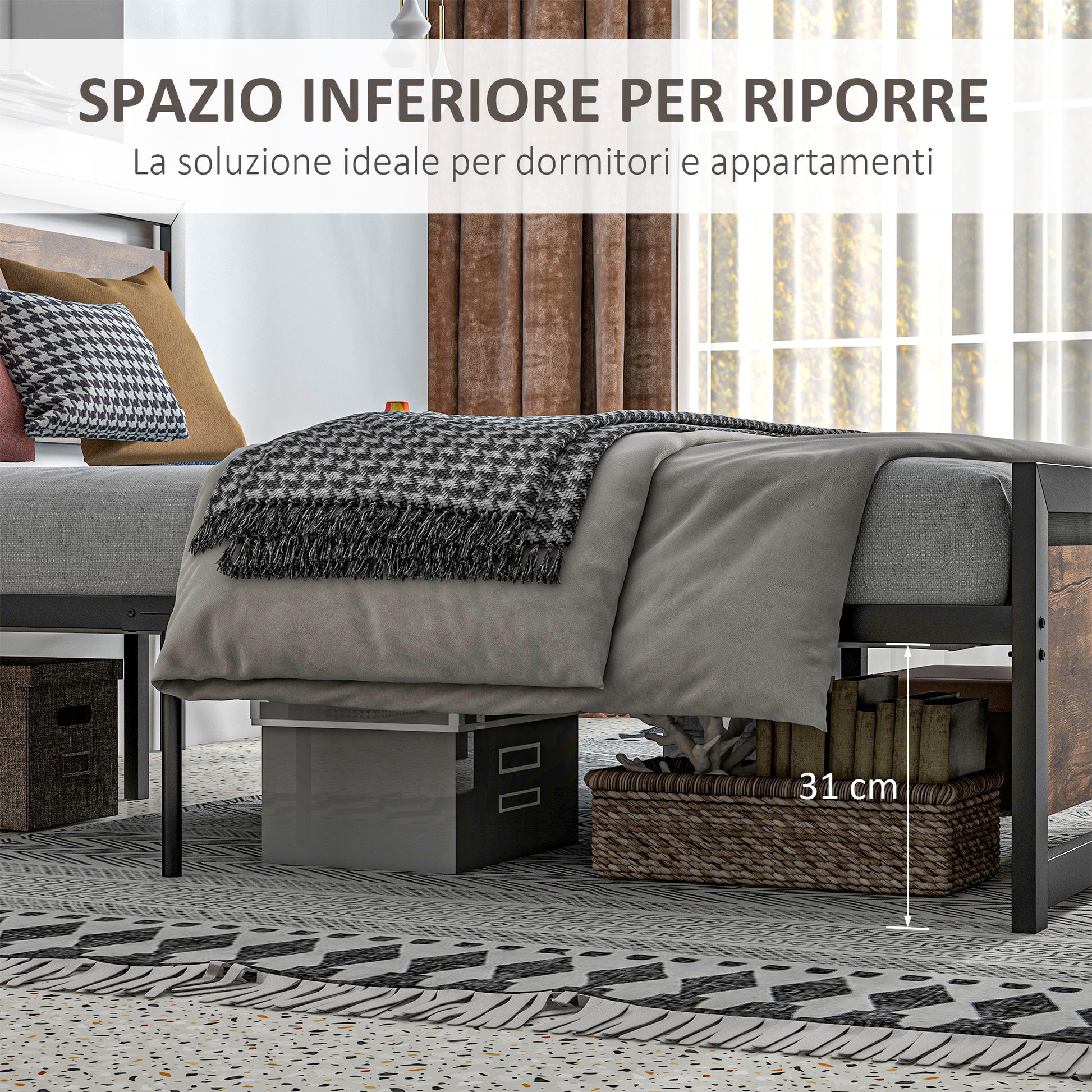 Double Bed Frame 167x208x103cm in Wood and Steel, with Integrated Slats and Industrial Style Headboard, Black and Rustic Brown