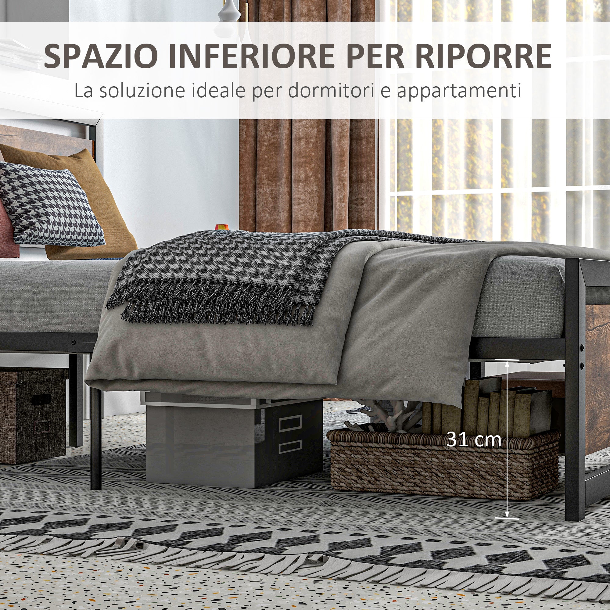 Double Bed Frame 167x208x103cm in Wood and Steel, with Integrated Slats and Industrial Style Headboard, Black and Rustic Brown