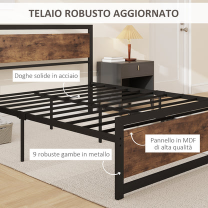 Double Bed Frame 167x208x103cm in Wood and Steel, with Integrated Slats and Industrial Style Headboard, Black and Rustic Brown