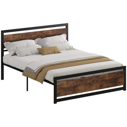 Double Bed Frame 167x208x103cm in Wood and Steel, with Integrated Slats and Industrial Style Headboard, Black and Rustic Brown