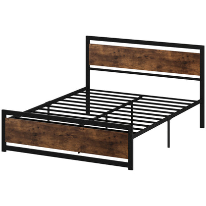 Double Bed Frame 167x208x103cm in Wood and Steel, with Integrated Slats and Industrial Style Headboard, Black and Rustic Brown