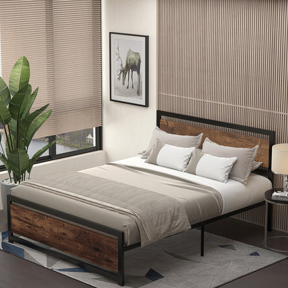 Double Bed Frame 167x208x103cm in Wood and Steel, with Integrated Slats and Industrial Style Headboard, Black and Rustic Brown