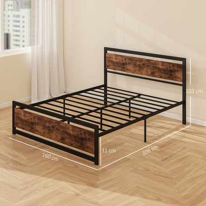 Double Bed Frame 167x208x103cm in Wood and Steel, with Integrated Slats and Industrial Style Headboard, Black and Rustic Brown