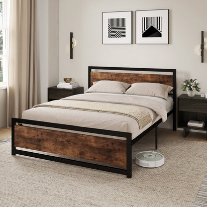 Double Bed Frame 167x208x103cm in Wood and Steel, with Integrated Slats and Industrial Style Headboard, Black and Rustic Brown