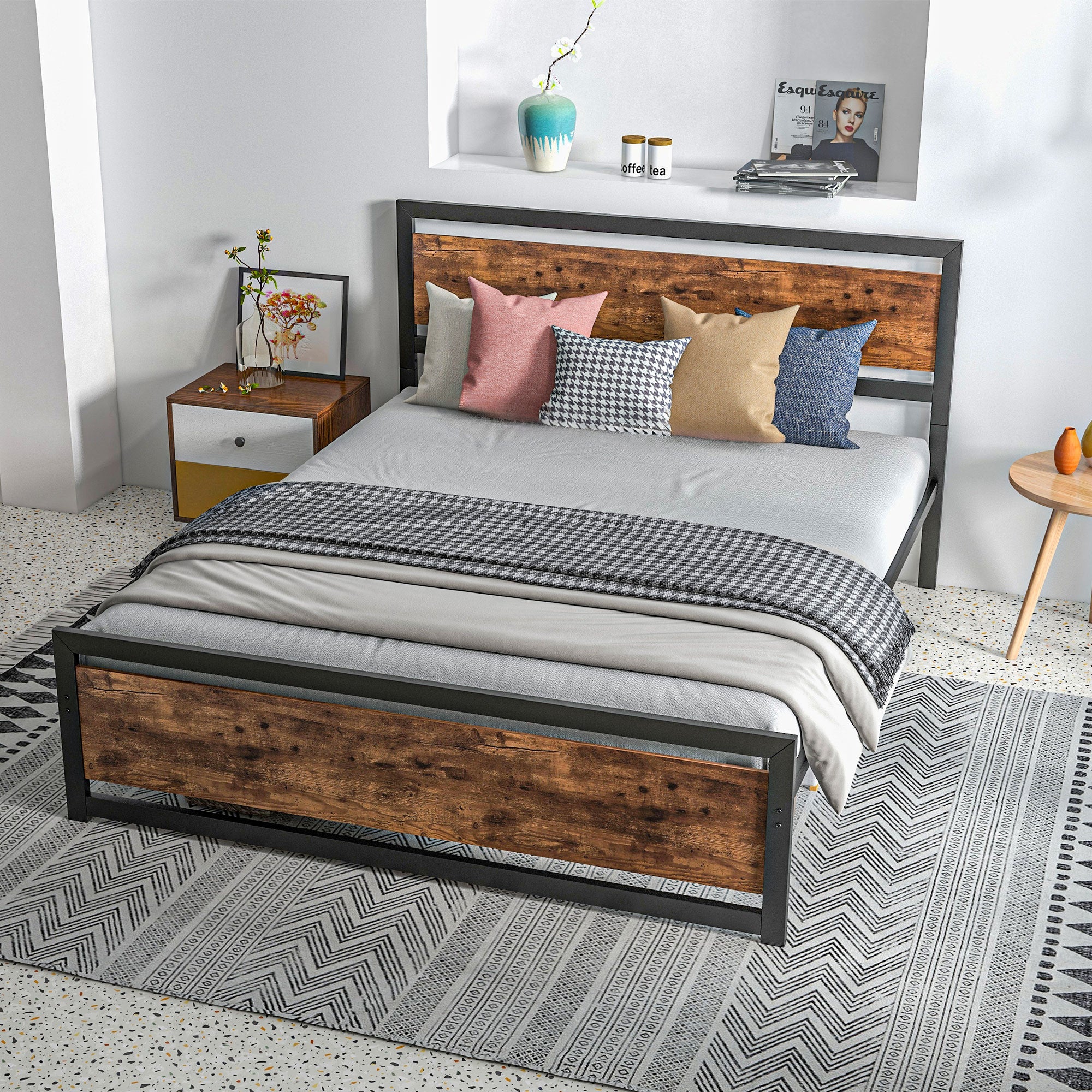 Double Bed Frame 167x208x103cm in Wood and Steel, with Integrated Slats and Industrial Style Headboard, Black and Rustic Brown