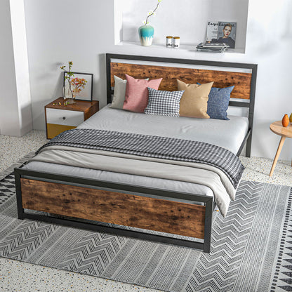 Double Bed Frame 167x208x103cm in Wood and Steel, with Integrated Slats and Industrial Style Headboard, Black and Rustic Brown
