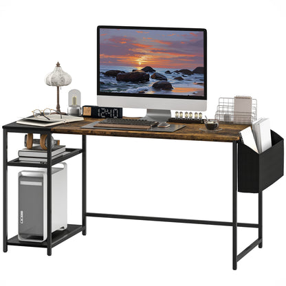 Computer Desk, 150 x 60 cm Home Office Desk with Storage, Reversible Shelves, Fabric Bag, for Small Spaces, Bedroom, Brown