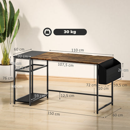 Computer Desk, 150 x 60 cm Home Office Desk with Storage, Reversible Shelves, Fabric Bag, for Small Spaces, Bedroom, Brown