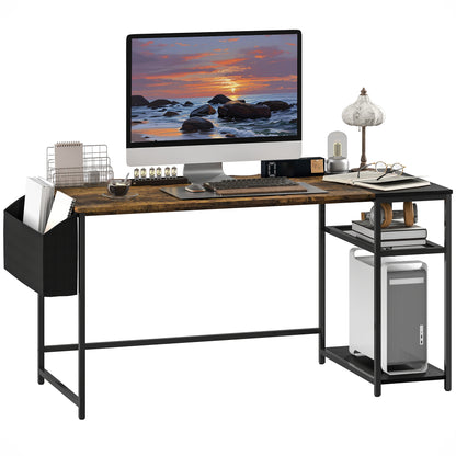Computer Desk, 150 x 60 cm Home Office Desk with Storage, Reversible Shelves, Fabric Bag, for Small Spaces, Bedroom, Brown