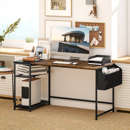 Computer Desk, 150 x 60 cm Home Office Desk with Storage, Reversible Shelves, Fabric Bag, for Small Spaces, Bedroom, Brown