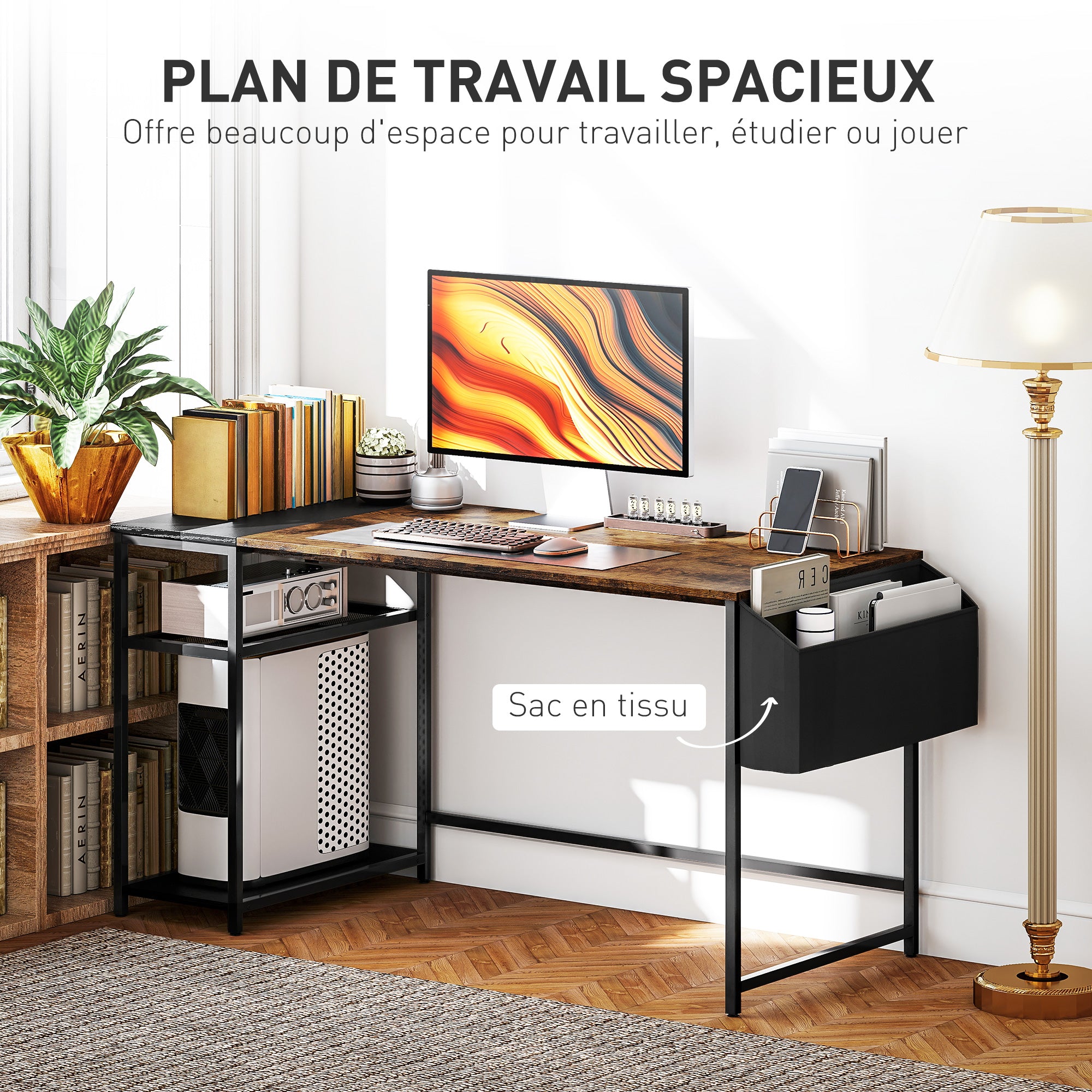 Computer Desk, 150 x 60 cm Home Office Desk with Storage, Reversible Shelves, Fabric Bag, for Small Spaces, Bedroom, Brown