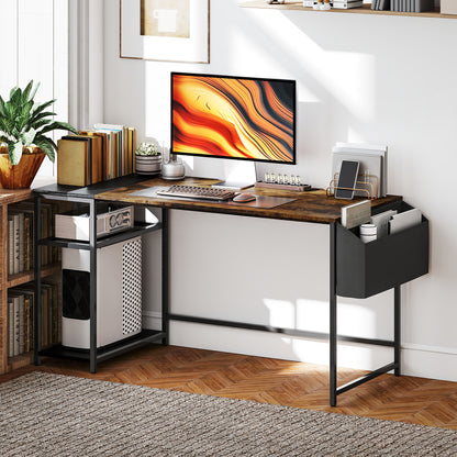 Computer Desk, 150 x 60 cm Home Office Desk with Storage, Reversible Shelves, Fabric Bag, for Small Spaces, Bedroom, Brown