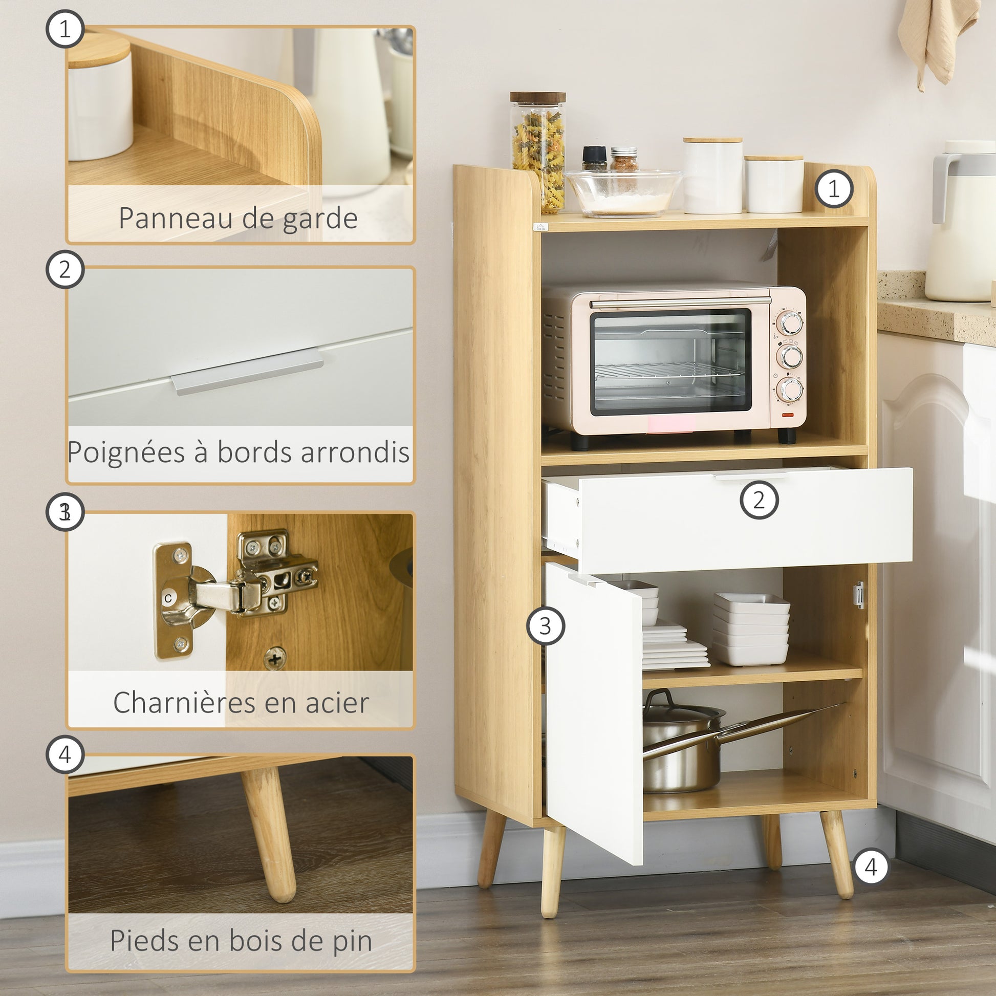 Scandinavian style kitchen cart for microwave with cupboard, drawer, adjustable shelf - 58 x 40 x 118 cm - natural and white