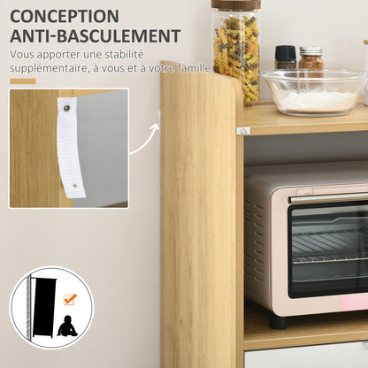 Scandinavian style kitchen cart for microwave with cupboard, drawer, adjustable shelf - 58 x 40 x 118 cm - natural and white