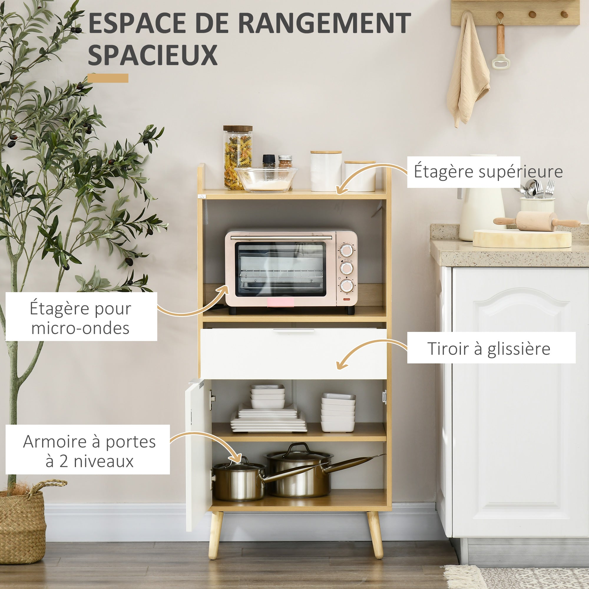 Scandinavian style kitchen cart for microwave with cupboard, drawer, adjustable shelf - 58 x 40 x 118 cm - natural and white