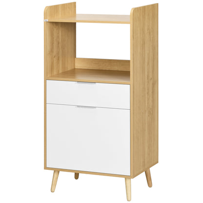 Scandinavian style kitchen cart for microwave with cupboard, drawer, adjustable shelf - 58 x 40 x 118 cm - natural and white